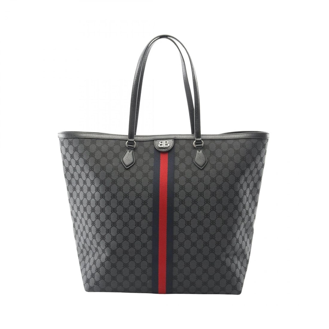 BALENCIAGA X GUCCI LARGE TOTE BAG: BALENCIAGA x GUCCI Large Tote Bag Brand: BALENCIAGA Type/Style: Tote Bag Material: canvas ? leather Color: Black?ish colors ? Multicolor?ish colors Size: (H:16.1inch x W:15.4inch x D:7.9inch) Acce