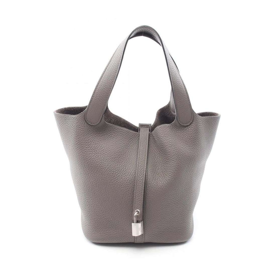 HERMES PICOTIN LOCK MM TOTE HANDBAG CLEMENCE LEATHER: HERMES Picotin Lock MM Tote Handbag Clemence leather Brand: HERMES Type/Style: Handbag Material: Taurillon Clemence ? leather Color: Etain / Gray?ish colors Size: (H:8.3inch x W:8.7inch x D:6.7inch)