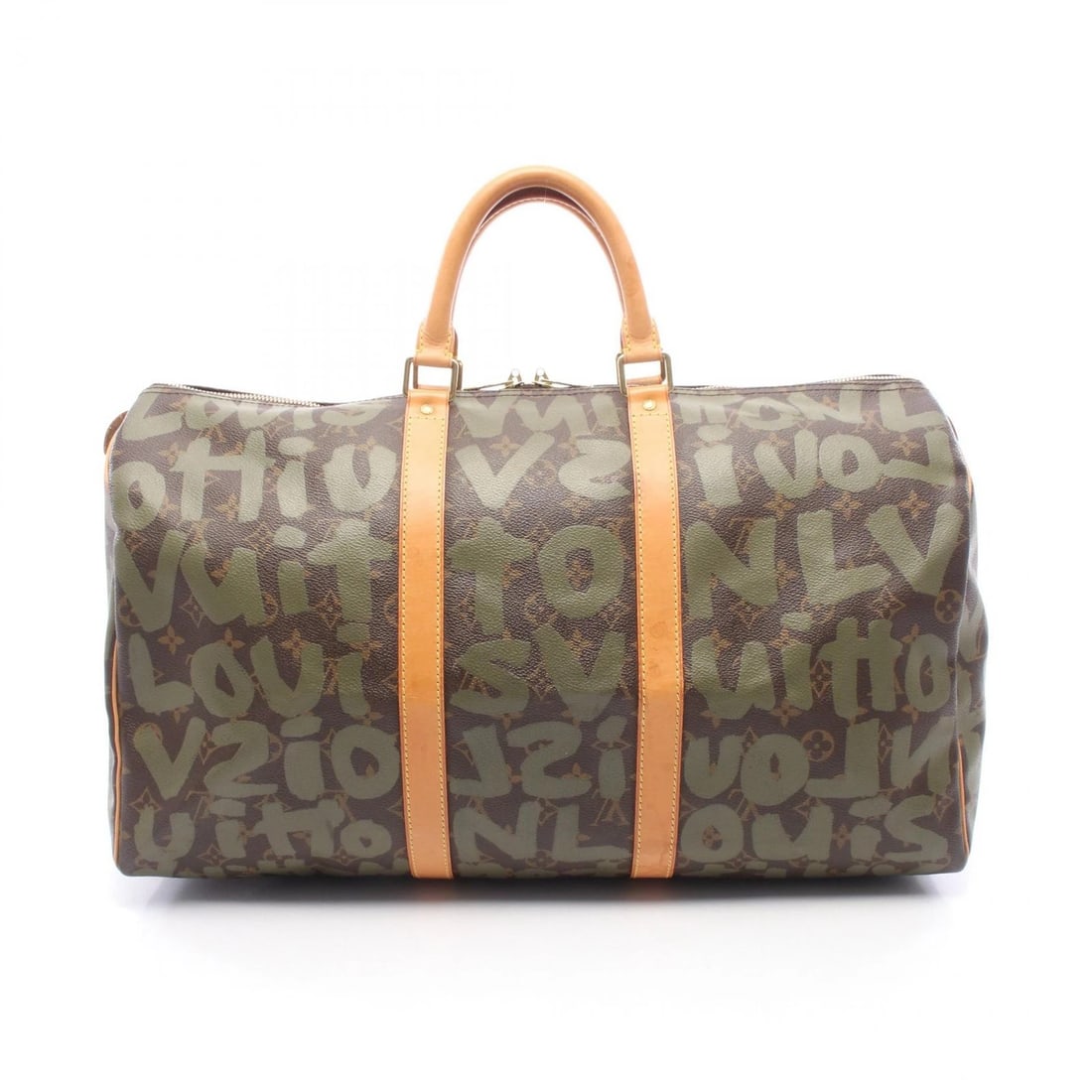LOUIS VUITTON KEEPALL 50 TRAVEL HAND BAG: LOUIS VUITTON Keepall 50 travel hand bag Brand: LOUIS VUITTON Type/Style: Boston bag Material: Monogram?Graphic ? PVC coated canvas ? leather Color: Brown?ish colors ? Khaki?ish colors Size: (H:11.0in