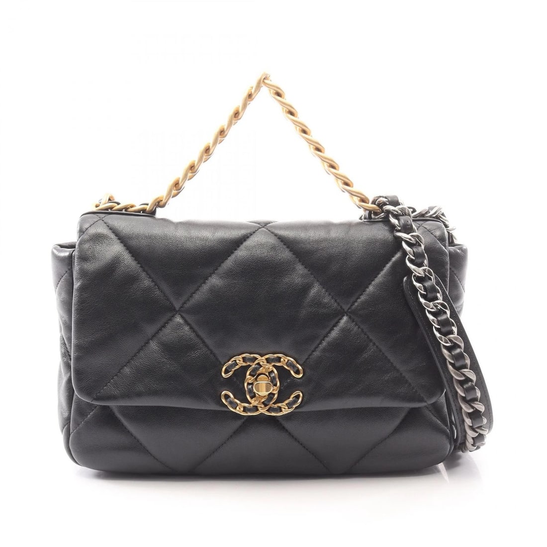 CHANEL 19 DIX-NEUF CHAIN SHOULDER CROSSBODY BAG: CHANEL 19 dix-neuf chain Shoulder crossbody Bag Brand: CHANEL Type/Style: Shoulder Bag Material: Lambskin (sheep leather) Color: Black?ish colors Size: (H:6.7inch x W:9.8inch x D:3.1inch) Accessor