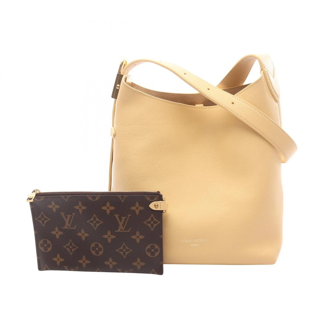 LOUIS VUITTON LOW KEY HOBO PM SHOULDER BAG: LOUIS VUITTON Low key Hobo PM Shoulder Bag Brand: LOUIS VUITTON Type/Style: Shoulder Bag Material: Calfskin ? leather Color: Beige / Beige?ish colors Size: (H:9.8inch x W:9.4inch x D:5.5inch) Acce