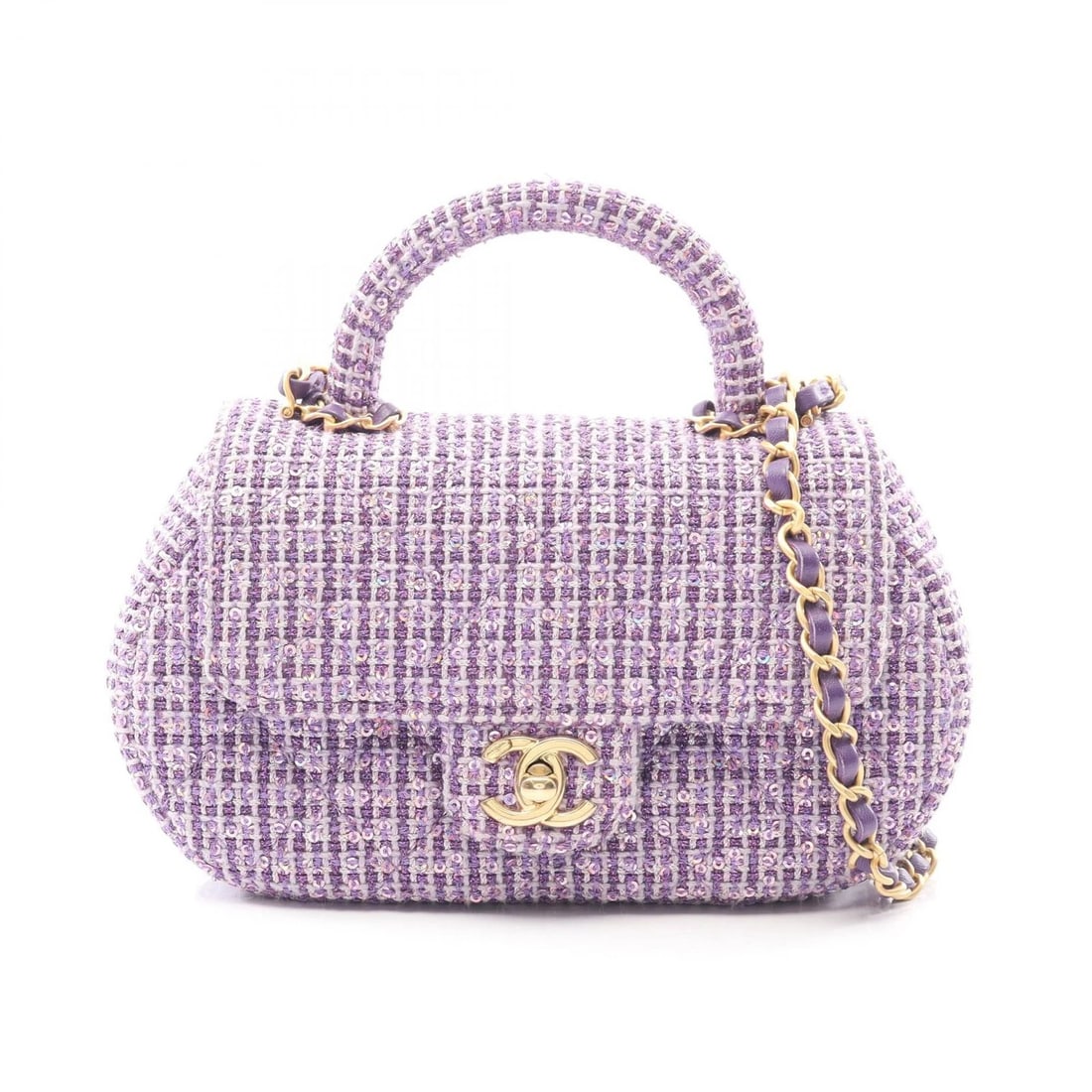 CHANEL MATELASSE TOP HANDLE CHAIN CROSSBODY SHOULDER BAG: CHANEL Matelasse Top Handle chain crossbody Shoulder Bag Brand: CHANEL Type/Style: Shoulder Bag Material: Fabric Color: Purple?ish colors Size: (H:4.7inch x W:7.9inch x D:2.0inch) Accessories: Non