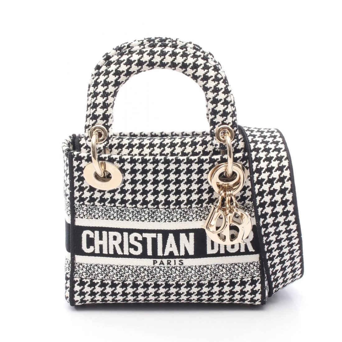CHRISTIAN DIOR LADY D-LITE MINI HOUNDSTOOTH HANDBAG CANVAS: Christian Dior LADY D-LITE Mini Houndstooth Handbag canvas Brand: DIOR Type/Style: Handbag Material: canvas Color: Black?ish colors ? White?ish colors Size: (H:5.5inch x W:6.7inch x D:3.1inch) Acc