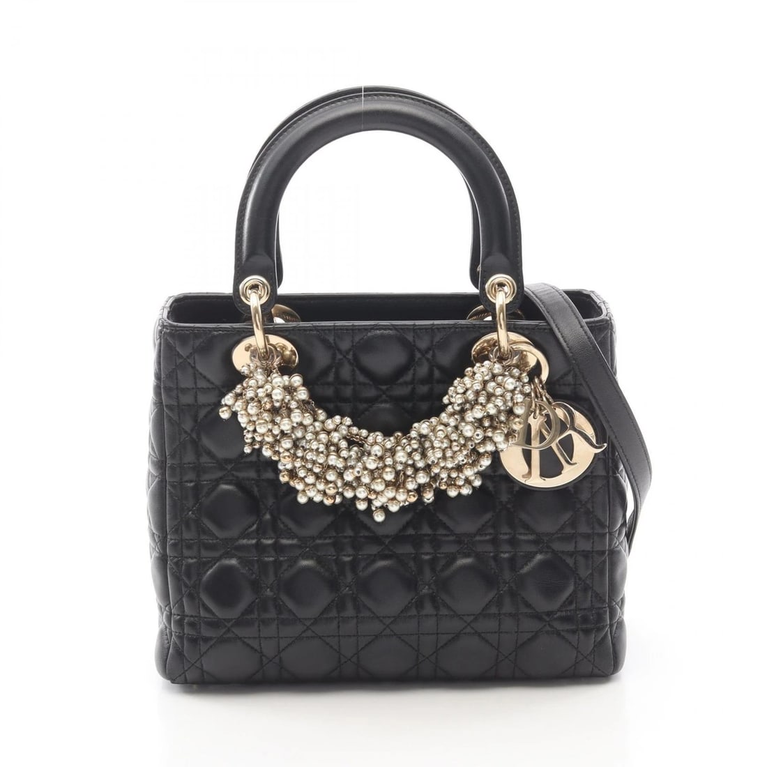 CHRISTIAN DIOR MEDIUM CANNAGE ARTIFICIAL PEARL 2WAY HANDBAG: Christian Dior Medium Cannage Artificial Pearl 2WAY Handbag Brand: DIOR Type/Style: Handbag Material: leather Color: Black?ish colors Size: (H:7.5inch x W:9.4inch x D:4.7inch) Accessories: None