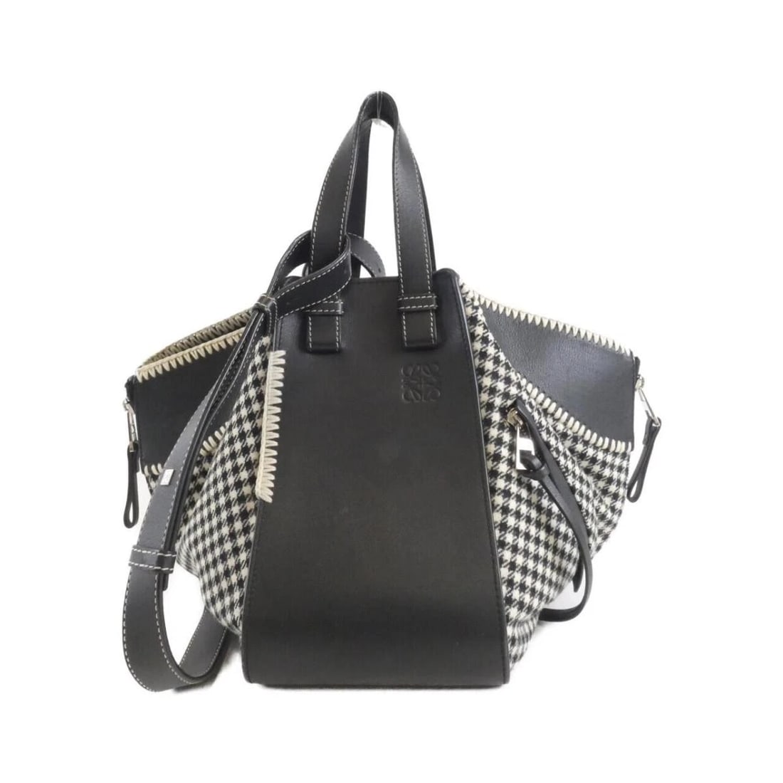 LOEWE HAMMOCK LEATHER SHOULDER CROSSBODY BAG: Loewe Hammock Leather Shoulder Crossbody Bag Brand: Loewe Type/Style: Shoulder Bag Material: Wool / Calf Leather Color: Black + White / Silver Hardware Size: Width: 5.5 ? 13.4 inches Height: 9.4 inche