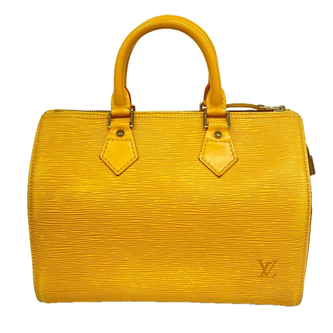 LOUIS VUITTON EPI SPEEDY 25 YELLOW HANDBAG: Louis Vuitton Epi Speedy 25 Yellow Handbag Brand: Louis Vuitton Type/Style: Top Handle Bag Material: Grain leather Color: Yellow Size: Depth/Gusset 15 cm Width 27.5 cm Height 19 cm Accessories: No