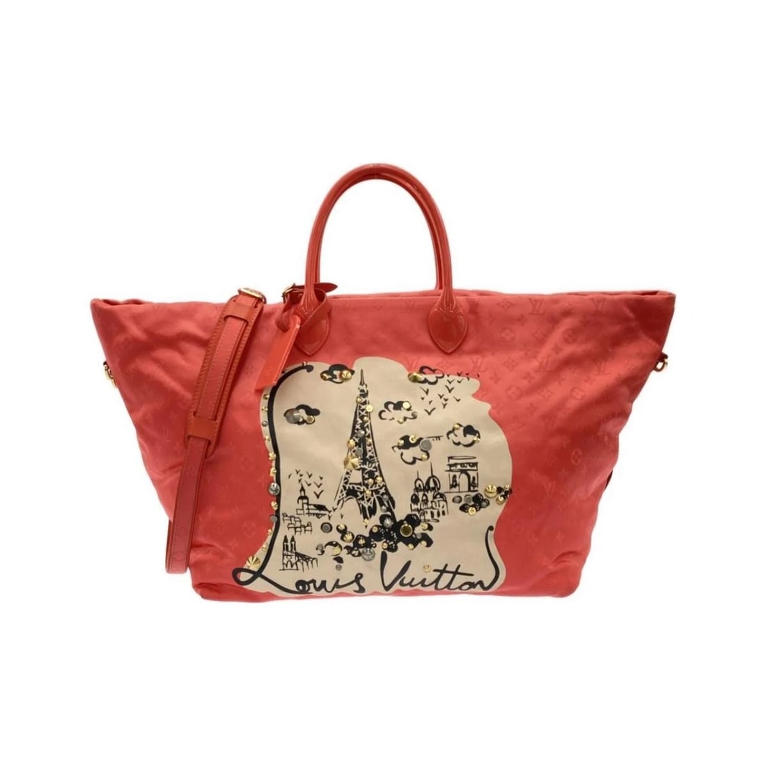 LOUIS VUITTON CABAS NOUVELLE VAGUE LEATHER SHOULDER TOTE HANDBAG: Louis Vuitton Cabas Nouvelle Vague Leather Shoulder Tote Handbag Brand: Louis Vuitton Type/Style: Tote Material: Nylon Color: Coral / Gold Size: Approximately 34cm (W) x 30cm (H) x 24cm (D) Access