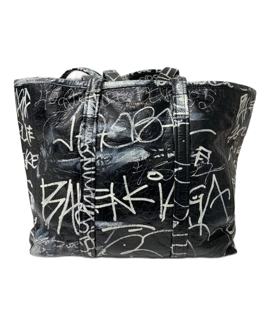 BALENCIAGA GRAFFITI PRINT LEATHER 2WAY TOTE BAG: BALENCIAGA Graffiti Print Leather 2WAY Tote Bag Brand: Balenciaga Type/Style: Tote Material: None Color: Black Size: Height: approx. 10.6 in (27 cm) Width: approx. 12.2 in (31 cm) Depth: approx. 5.1 i