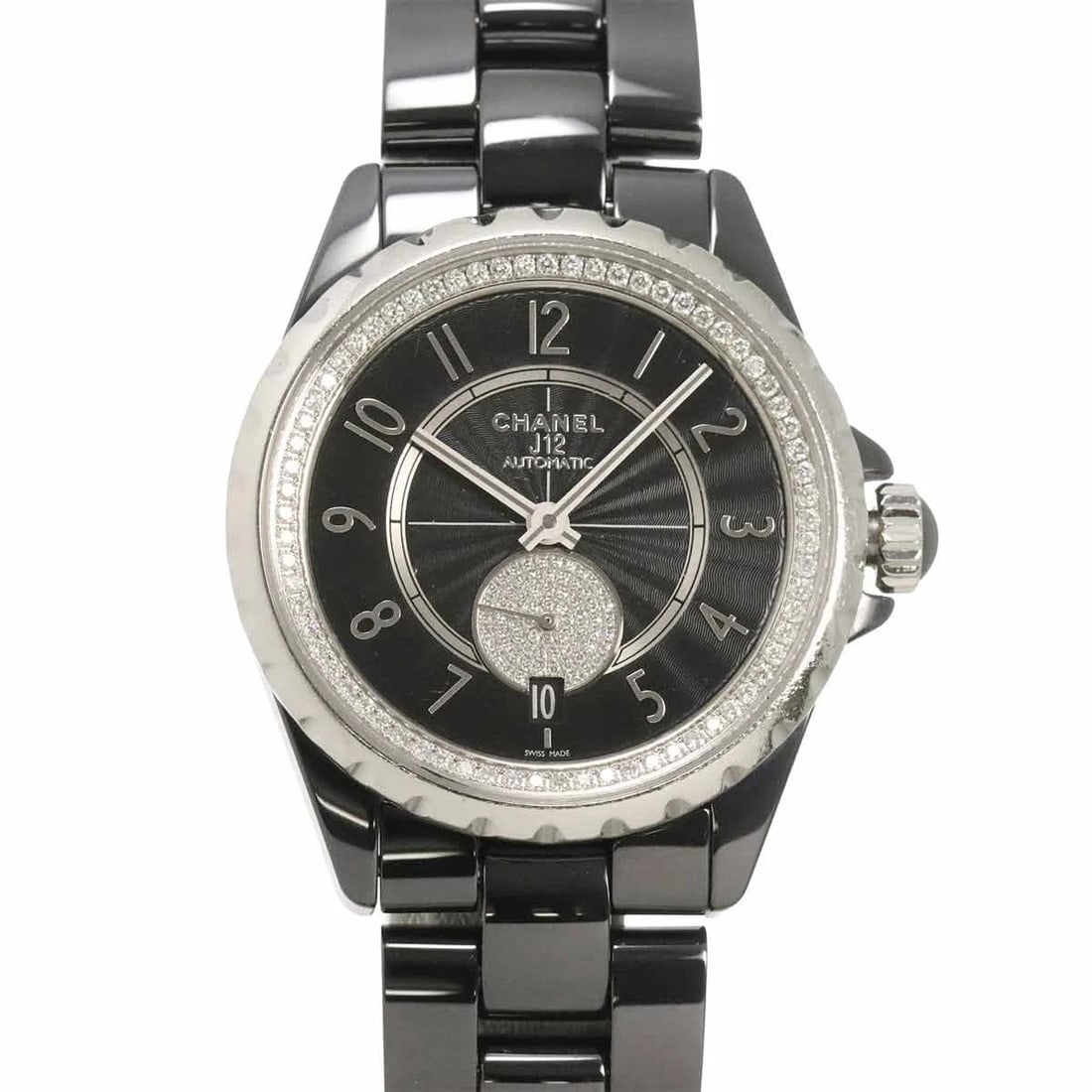 CHANEL J12 DATE AUTOMATIC DIAMOSD BLACK DIAL WATCH: CHANEL J12 Date Automatic Diamosd Black Dial Watch Brand: CHANEL Type/Style: Wristwatch Material: Stainless steel,Ceramic Color: Dial Color Black Dial Size: Length 44mm(included lag) Width 37mm(not