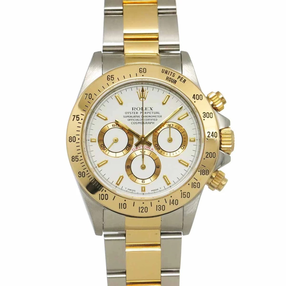 ROLEX DAYTONA W 750 YG WHITE DIAL WATCH: ROLEx Daytona W 750 YG White Dial Watch Brand: ROLEx Type/Style: Wristwatch Material: Stainless steel,750 Yellow Gold Color: Dial Color White Dial Size: Length 47mm(included lag) Width 39mm(not