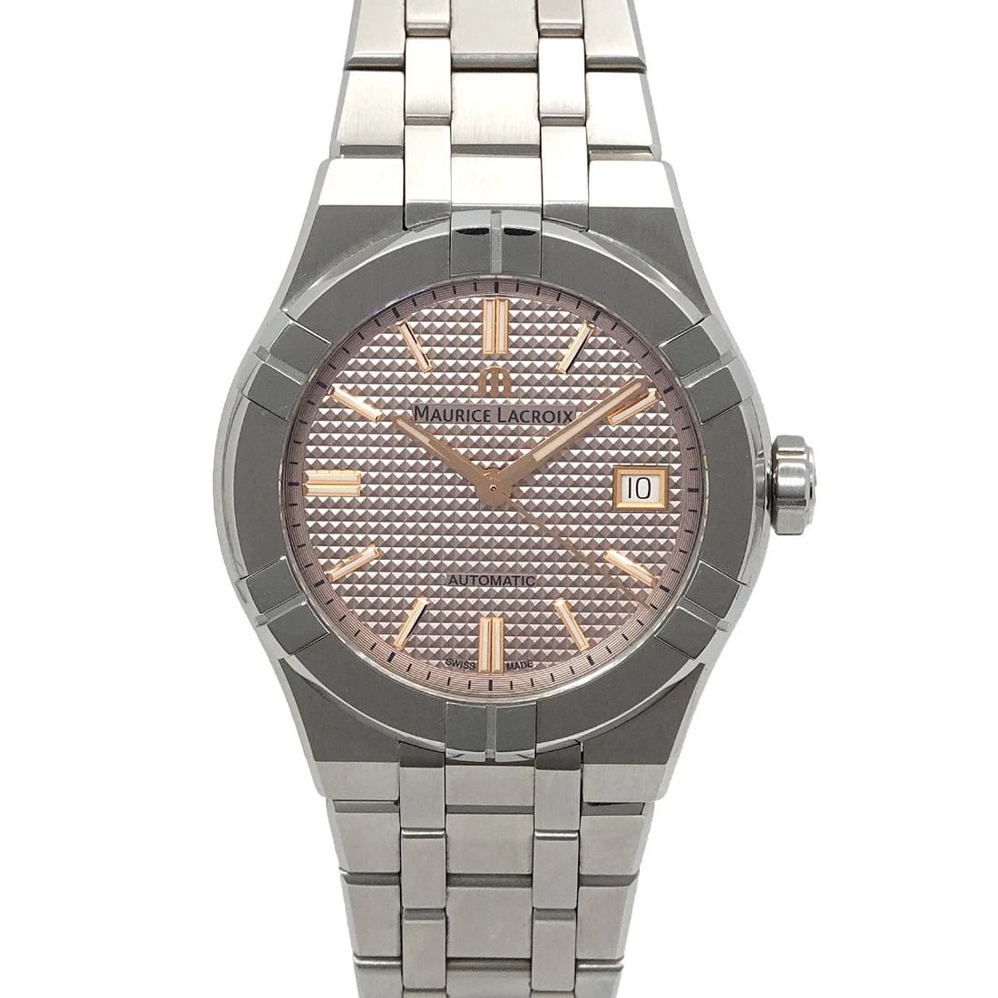 MAURICE LACROIX AIKON DATE AUTOMATIC PINK DIAL WATCH: MAURICE LACROIx AIKON Date Automatic Pink Dial Watch Brand: Maurice Lacroix Type/Style: Wristwatch Material: Stenless steel Color: Dial Color Pink Dial Size: CaseSize Length 45mm CaseSize Width 38mm C