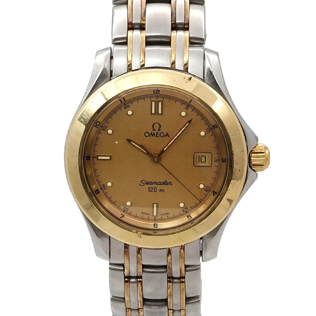 OMEGA SEAMASTER DATE YG QUARTZ GOLD DIAL WATCH: OMEGA Seamaster Date YG Quartz Gold Dial Watch Brand: OMEGA Type/Style: Wristwatch Material: Stainless steel,YG Color: Dial Color Gold Dial Size: CaseSize Length 43mm(included lag) CaseSize Width 36mm