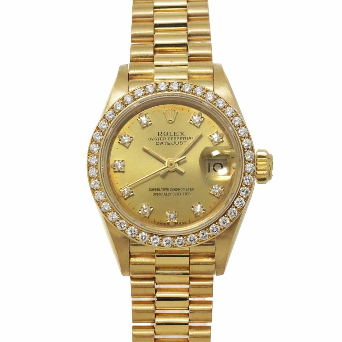 ROLEX DATEJUST DIAMOND BEZEL 750 YG GOLD DIAL WATCH: ROLEx Datejust Diamond Bezel 750 YG Gold Dial Watch Brand: ROLEx Type/Style: Wristwatch Material: 750 Yellow Gold,Diamond Color: Dial Color Gold Dial Size: CaseSize Length 32mm(included lag) CaseSize 