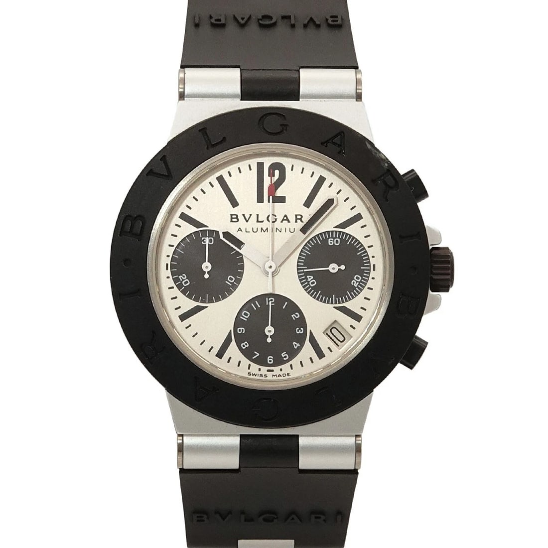 BVLGARI ALUMINUM DATE AUTOMATIC SILVER DIAL WATCH: BVLGARI Aluminum Date Automatic Silver Dial Watch Brand: BVLGARI Type/Style: Wristwatch Material: Aluminum,Rubber Color: Dial Color Silver Dial Size: CaseSize Length 48mm(included lag) CaseSize Width 
