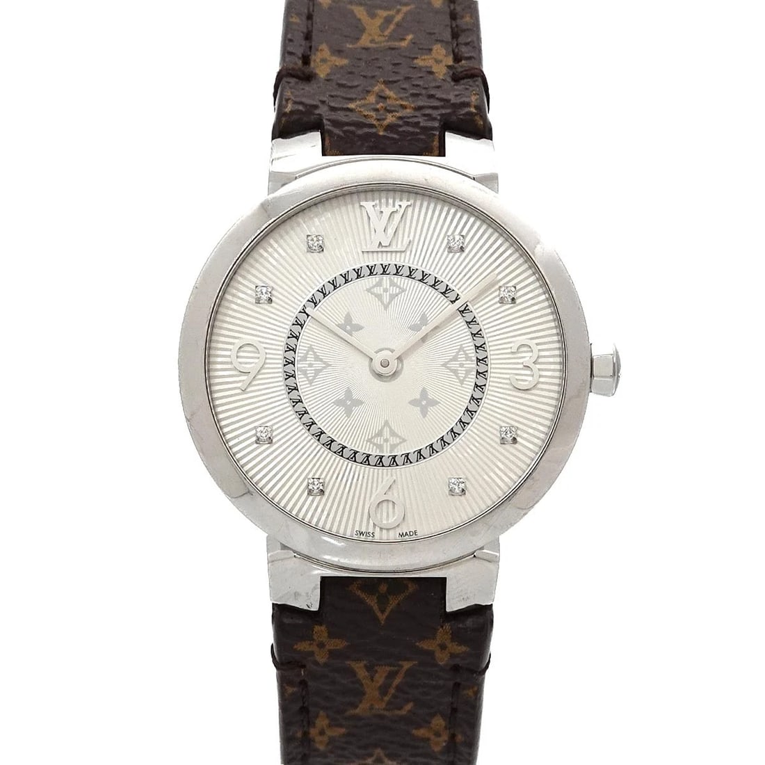 LOUIS VUITTON TAMBOUR MONOGRAM DIAMOND WATCH: LOUIS VUITTON Tambour Monogram Diamond Watch Brand: LOUIS VUITTON Type/Style: Wristwatch Material: Stainless steel,Leather Color: Dial Color none Size: CaseSize Length 39mm(included lag) CaseSize Widt