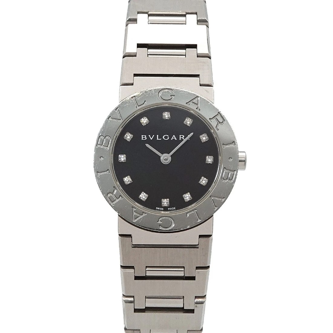 BVLGARI DIAMOND QUARTZ BLACK DIAL WATCH: BVLGARI Diamond Quartz Black Dial Watch Brand: BVLGARI Type/Style: Wristwatch Material: Stainless steel Color: Dial Color Black Dial Size: CaseSize Length 30mm(included lag) CaseSize Width 26mm(not