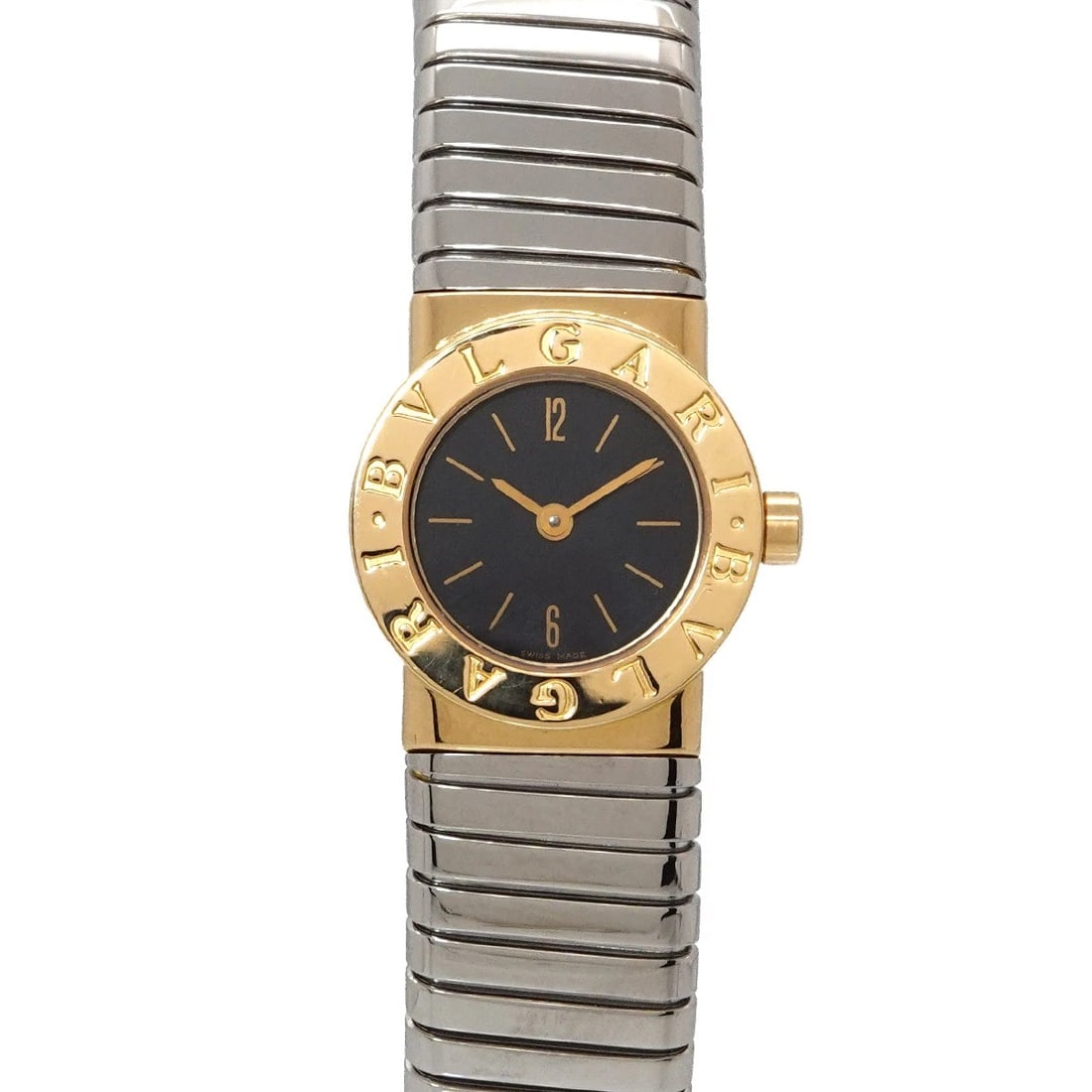 BVLGARI TUBOGAS TWO TONES 750 YG BLACK DIAL WATCH: BVLGARI Tubogas Two Tones 750 YG Black Dial Watch Brand: BVLGARI Type/Style: Wristwatch Material: Stainless steel,750 Yellow Gold Color: Dial Color Black Dial Size: CaseSize Length 19mm CaseSize