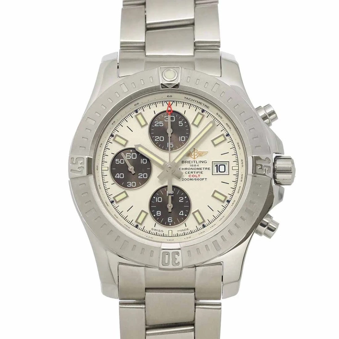BREITLING COLT CHRONOGRAPH DATE SILVER DIAL WATCH: BREITLING Colt Chronograph Date Silver Dial Watch Brand: BREITLING Type/Style: Wristwatch Material: Stainless steel Color: Dial Color Silver Dial Size: CaseSize Length 54mm(included lag) CaseSize