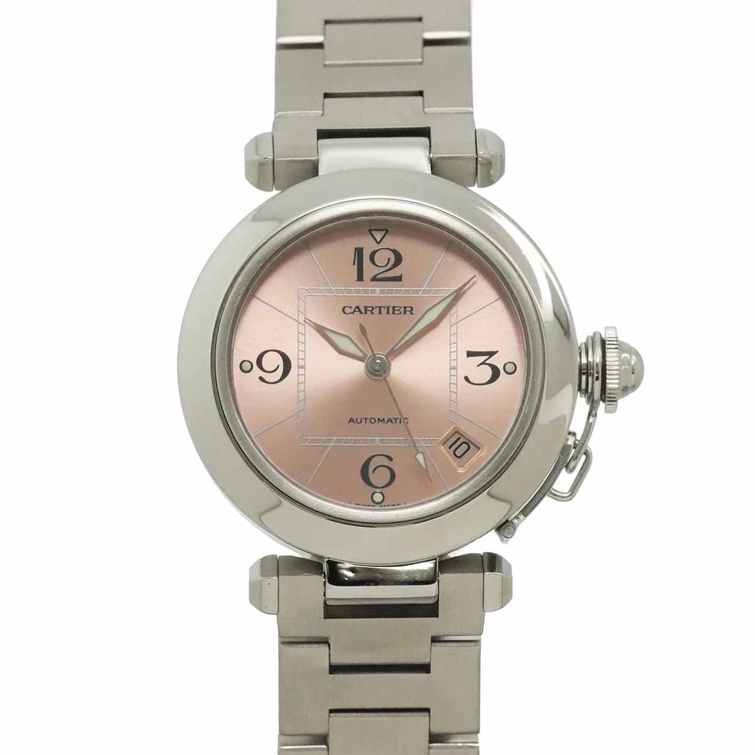 CARTIER PASHA C AUTOMATIC DATE PINK DIAL WATCH: Cartier Pasha C Automatic Date Pink Dial Watch Brand: Cariter Type/Style: Wristwatch Material: Stainless steel Color: Dial Color Pink Size: CaseSize Length 42mm(included lag) CaseSize Width 35mm(not