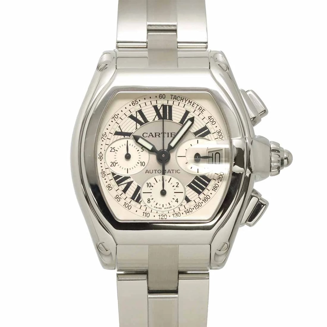 CARTIER ROADSTER CHRONOGRAPH DATE AUTOMATIC SILVER DIAL WATCH: Cartier Roadster Chronograph Date Automatic Silver Dial Watch Brand: Cartier Type/Style: Wristwatch Material: Stainless steel Color: Dial Color Silver Size: CaseSize Length 47mm(included lag) CaseSize