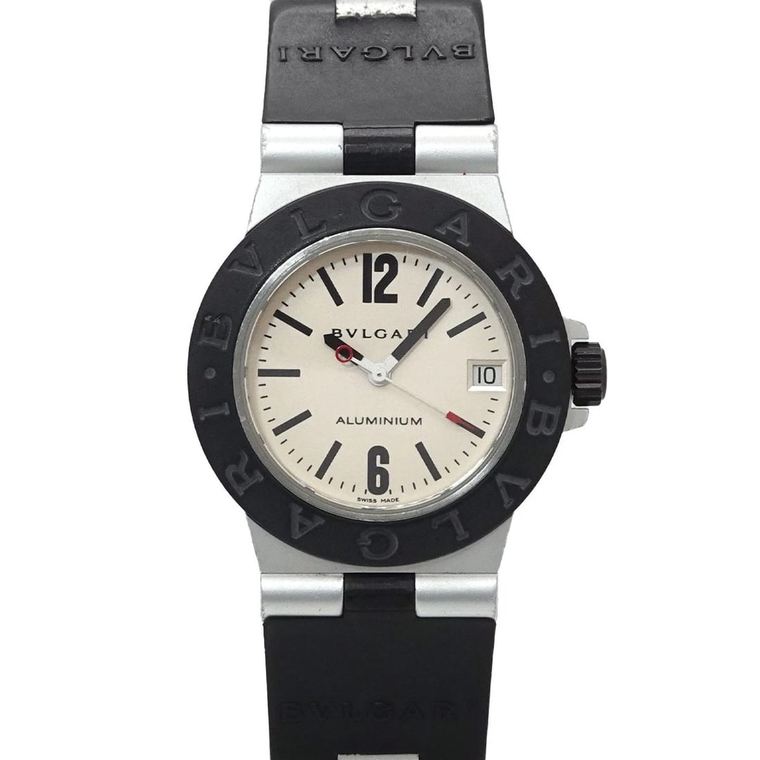 BVLGARI ALUMINUM DATE QUARTZ SILVER DIAL WATCH: BVLGARI Aluminum Date Quartz Silver Dial Watch Brand: BVLGARI Type/Style: Wristwatch Material: Aluminum,Rubber Color: Dial Color Silver Size: CaseSize Length 42mm(included lag) CaseSize Width 32mm(not