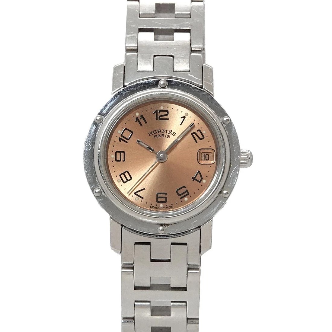 HERMES CLIPPER DATE PINK DIAL QUARTS WATCH: HERMES Clipper Date Pink Dial Quarts Watch Brand: HERMES Type/Style: Wristwatch Material: Stainless steel Color: Dial Color Pink Size: CaseSize Length 29mm(included lag) CaseSize Width 24mm(not