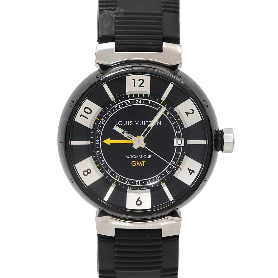 LOUIS VUITTON TAMBOUR IN BLACK GMT AUTOMATIC WATCH: LOUIS VUITTON Tambour In Black GMT Automatic Watch Brand: LOUIS VUITTON Type/Style: Wristwatch Material: Stainless steel/PVD,Rubber Color: Dial Color none Size: CaseSize Length 50mm(included lag) Case