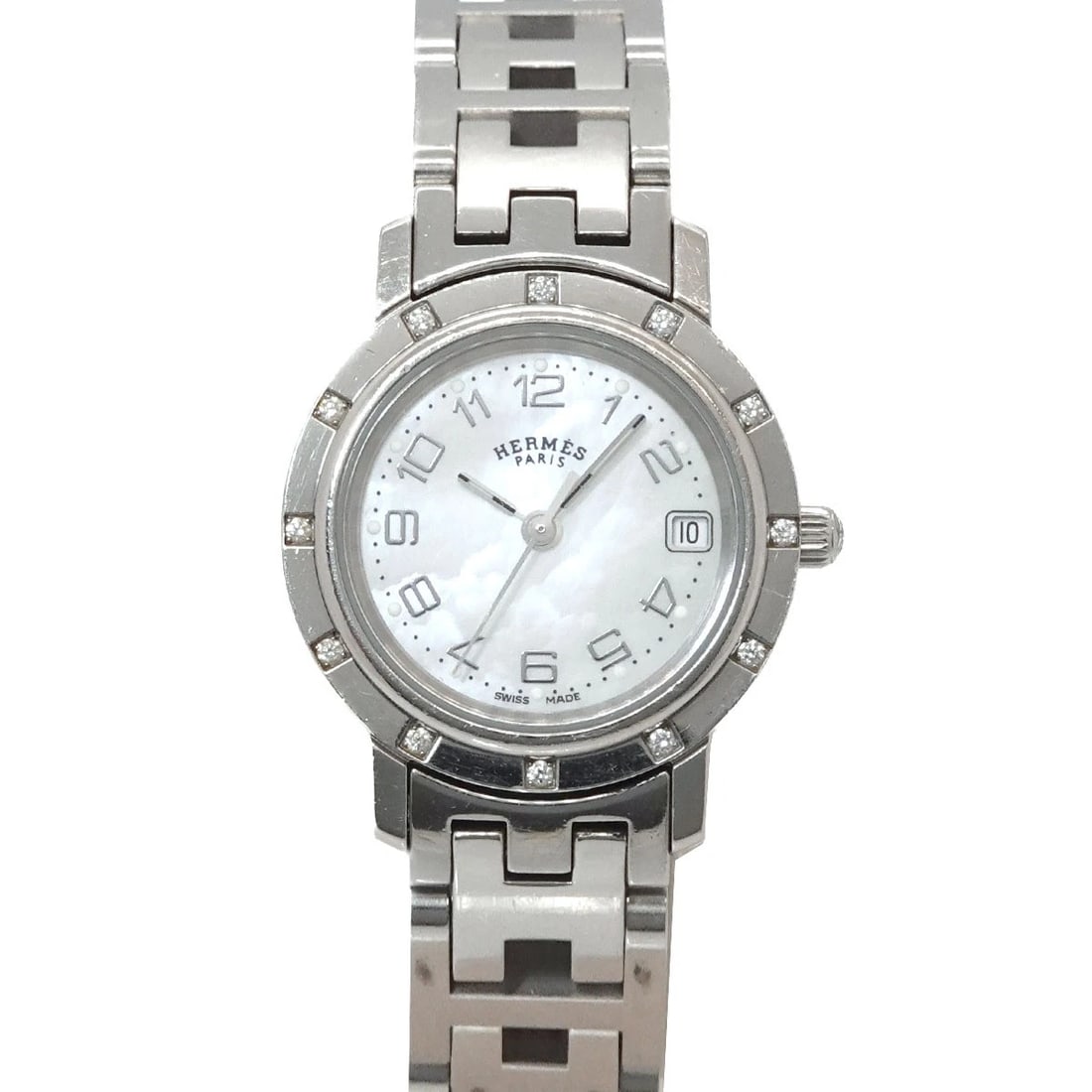 HERMES CLIPPER NACRE QUARTZ DIAMOND WHITE SHELL DIAL WATCH: HERMES Clipper Nacre Quartz Diamond White Shell Dial Watch Brand: HERMES Type/Style: Wristwatch Material: Stainless steel Color: Dial Color White Shell Size: CaseSize Length 29mm(included lag) CaseSiz