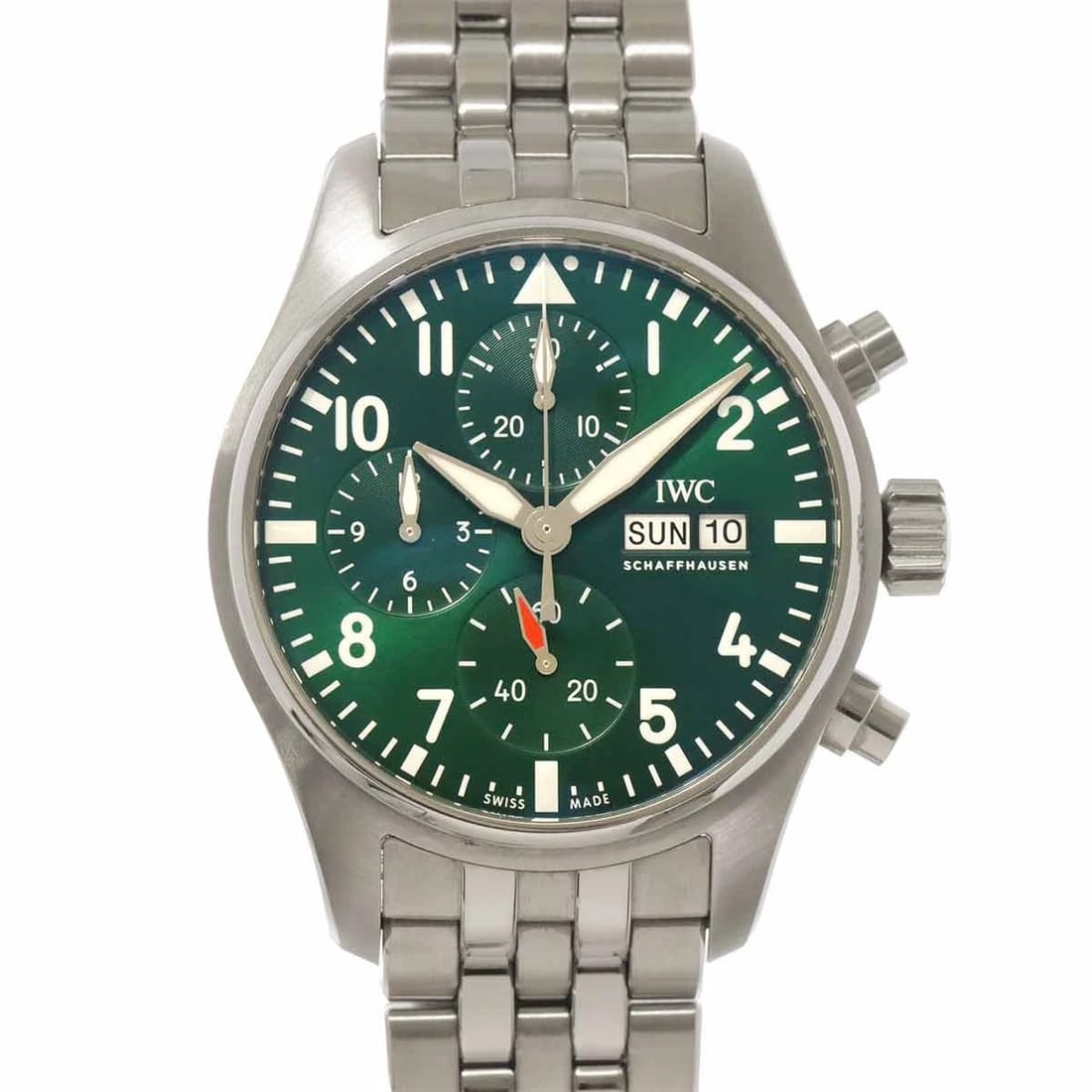 IWC PILOT WATCH CHRONOGRAPH AUTOMATIC GREEN DIAL WATCH: IWC Pilot Watch Chronograph Automatic Green Dial Watch Brand: IWC Type/Style: Wristwatch Material: Stainless steel Color: Dial Color Green Size: CaseSize Length 52mm(included lag) CaseSize Width