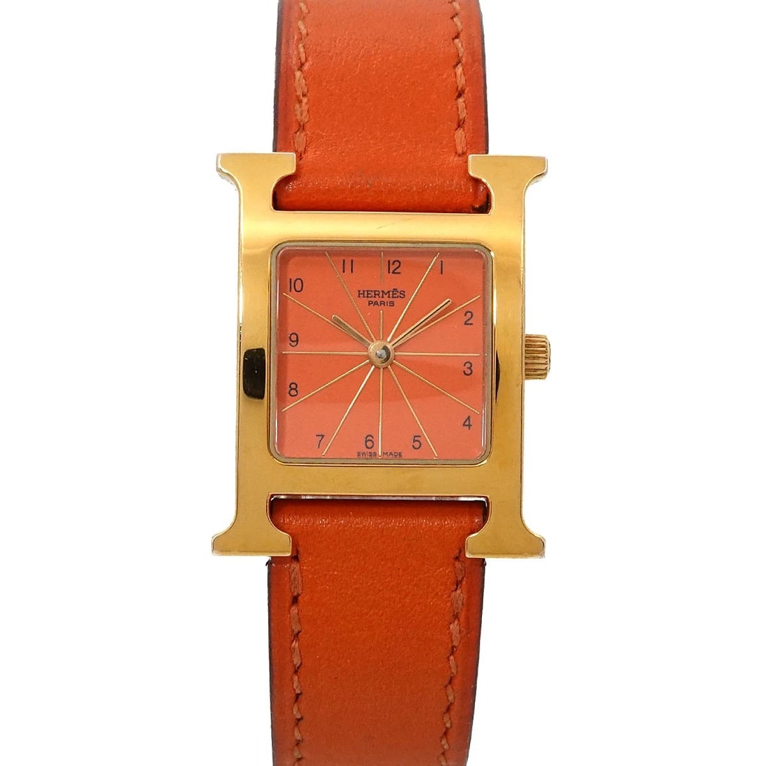 HERMES H WATCH QUARTZ ORANGE DIAL WATCH: HERMES H Watch Quartz Orange Dial Watch Brand: HERMES Type/Style: Wristwatch Material: Stainless steel/YGP,Leather Color: Dial Color Orange Size: CaseSize Length 30mm(included lag) CaseSize Width 21mm