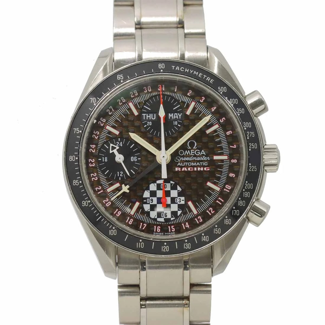 OMEGA SPEEDMASTER RACING AUTOMATIC BLACK DIAL WATCH: OMEGA Speedmaster Racing Automatic Black Dial Watch Brand: OMEGA Type/Style: Wristwatch Material: Stainless steel Color: Dial Color Black Size: CaseSize Length 45mm(included lag) CaseSize Width