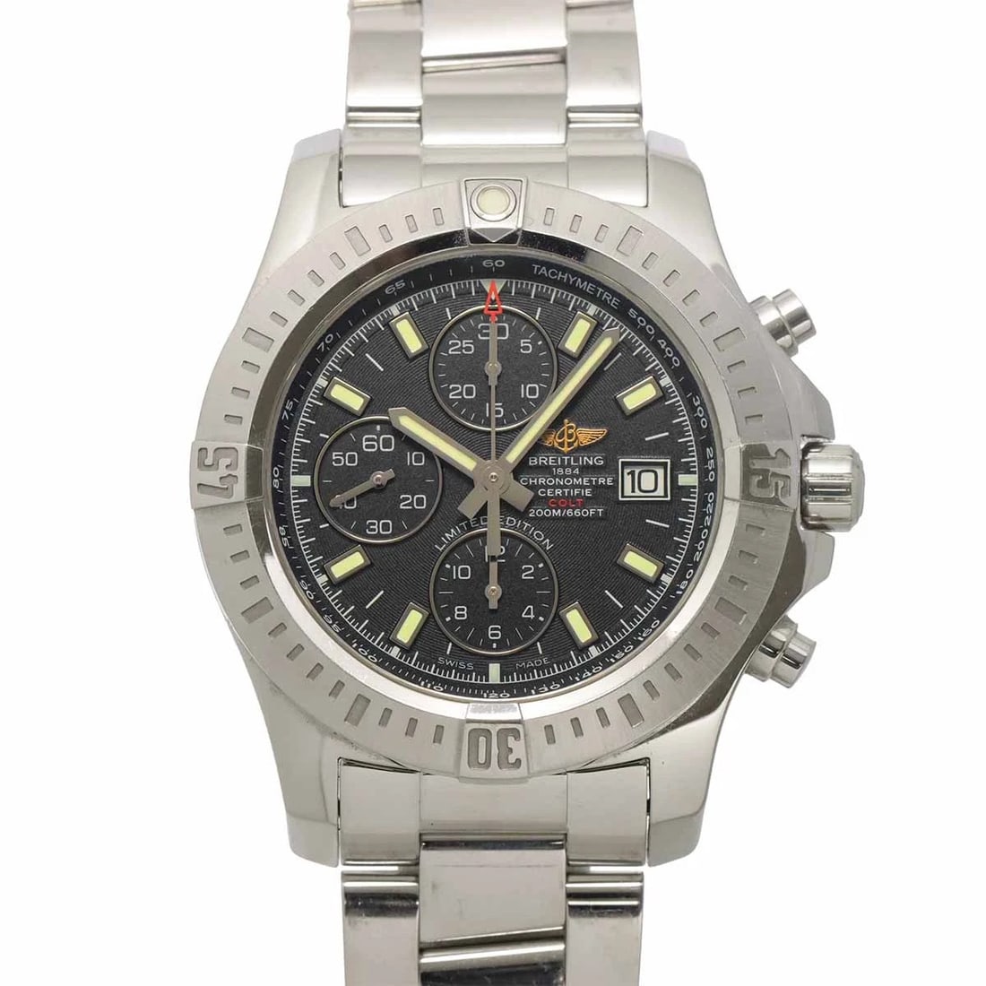 BREITLING COLT CHRONOGRAPH DATE BLACK DIAL WATCH: BREITLING Colt Chronograph Date Black Dial Watch Brand: BREITLING Type/Style: Wristwatch Material: Stainless steel Color: Dial Color Black Size: CaseSize Length 54mm(included lag) CaseSize Width