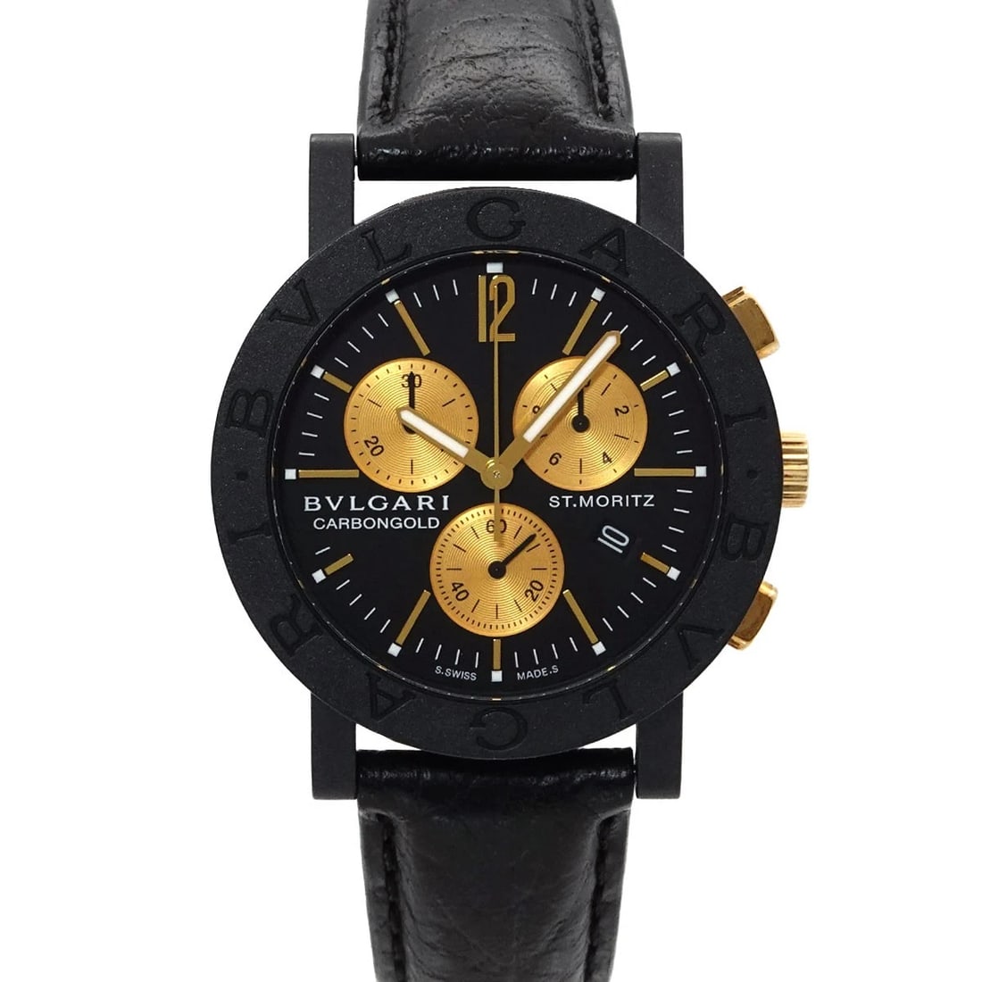 BVLGARI CHRONOGRAPH QUARTZ BLACK DIAL WATCH: BVLGARI Chronograph Quartz Black Dial Watch Brand: BVLGARI Type/Style: Wristwatch Material: Carbon,Leather Color: Dial Color Black Size: CaseSize Length 45mm(included lag) CaseSize Width 38mm(not