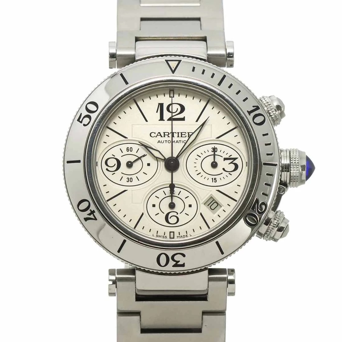 CARTIER PASHA SEATIMER CHRONOGRAPH AUTOMATIC SILVER DIAL WATCH: Cartier Pasha Seatimer Chronograph Automatic Silver Dial Watch Brand: Cartier Type/Style: Wristwatch Material: Stainless steel Color: Dial Color Silver Size: CaseSize Length 50mm(included lag)