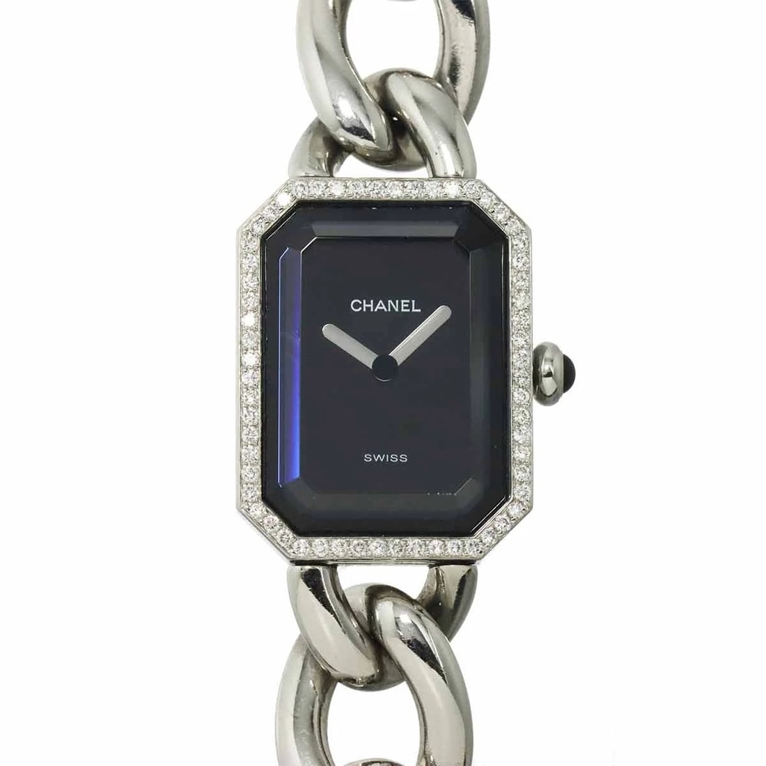 CHANEL PREMIERE SIZE DIAMOND BEZEL QUARTZ BLACK DIAL WATCH: CHANEL Premiere Size Diamond bezel Quartz Black Dial Watch Brand: CHANEL Type/Style: Wristwatch Material: Stainless steel Color: Dial Color Black Size: CaseSize Length 26mm CaseSize Width 20mm(not