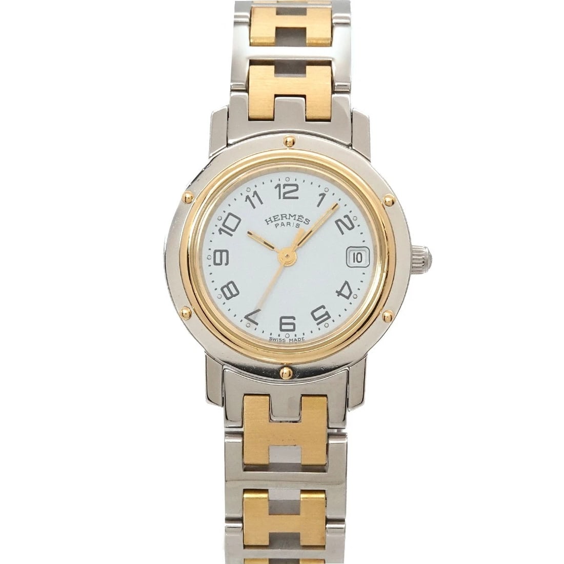 HERMES CLIPPER QUARTZ DATE WHITE DIAL WATCH: HERMES Clipper Quartz Date White Dial Watch Brand: HERMES Type/Style: Wristwatch Material: Stainless steel,GP Color: Dial Color White Size: CaseSize Length 29mm(included lag) CaseSize Width 24mm(not