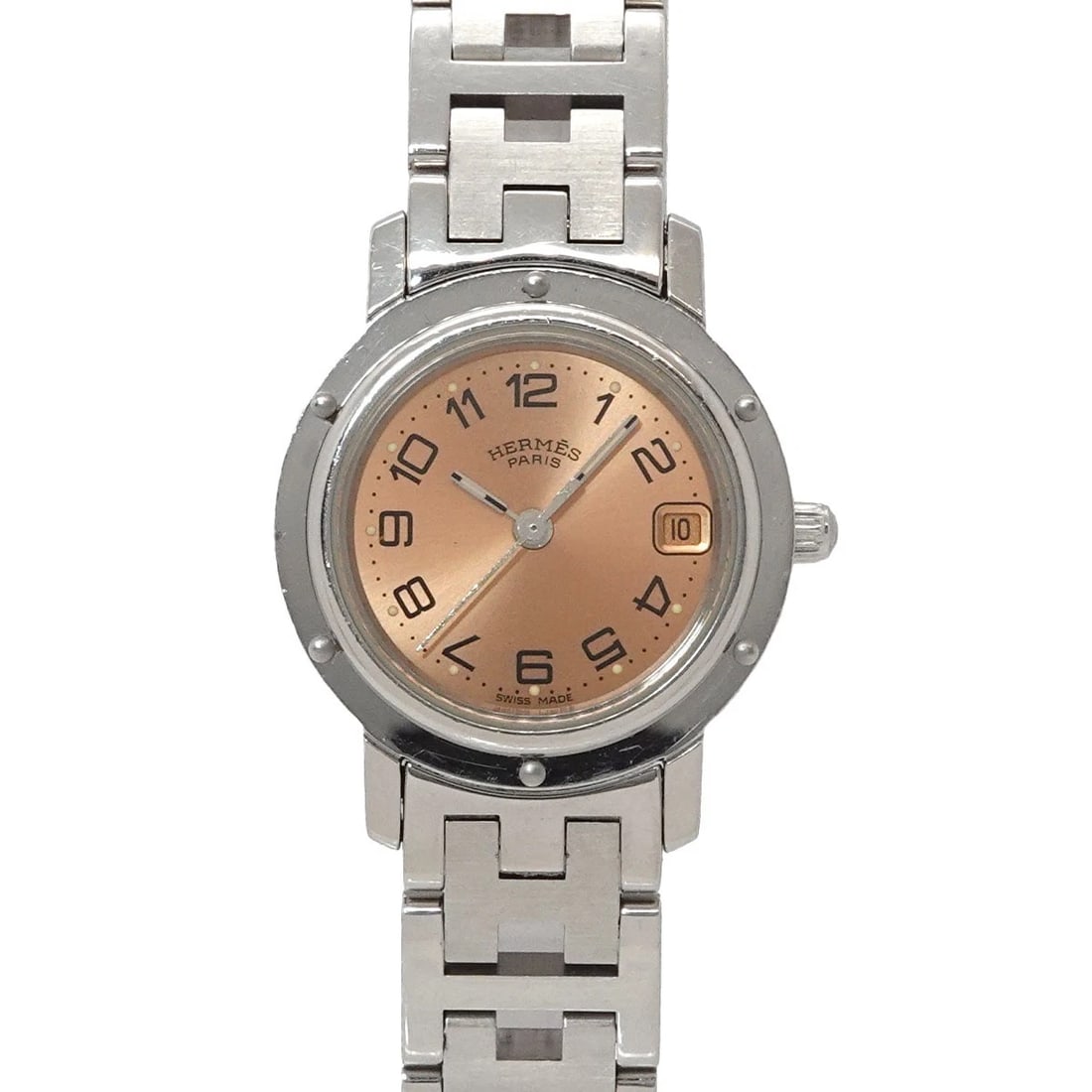 HERMES CLIPPER DATE PINK DIAL QUARTS WATCH: HERMES Clipper Date Pink Dial Quarts Watch Brand: HERMES Type/Style: Wristwatch Material: Stainless steel Color: Dial Color Pink Size: CaseSize Length 29mm(included lag) CaseSize Width 24mm(not