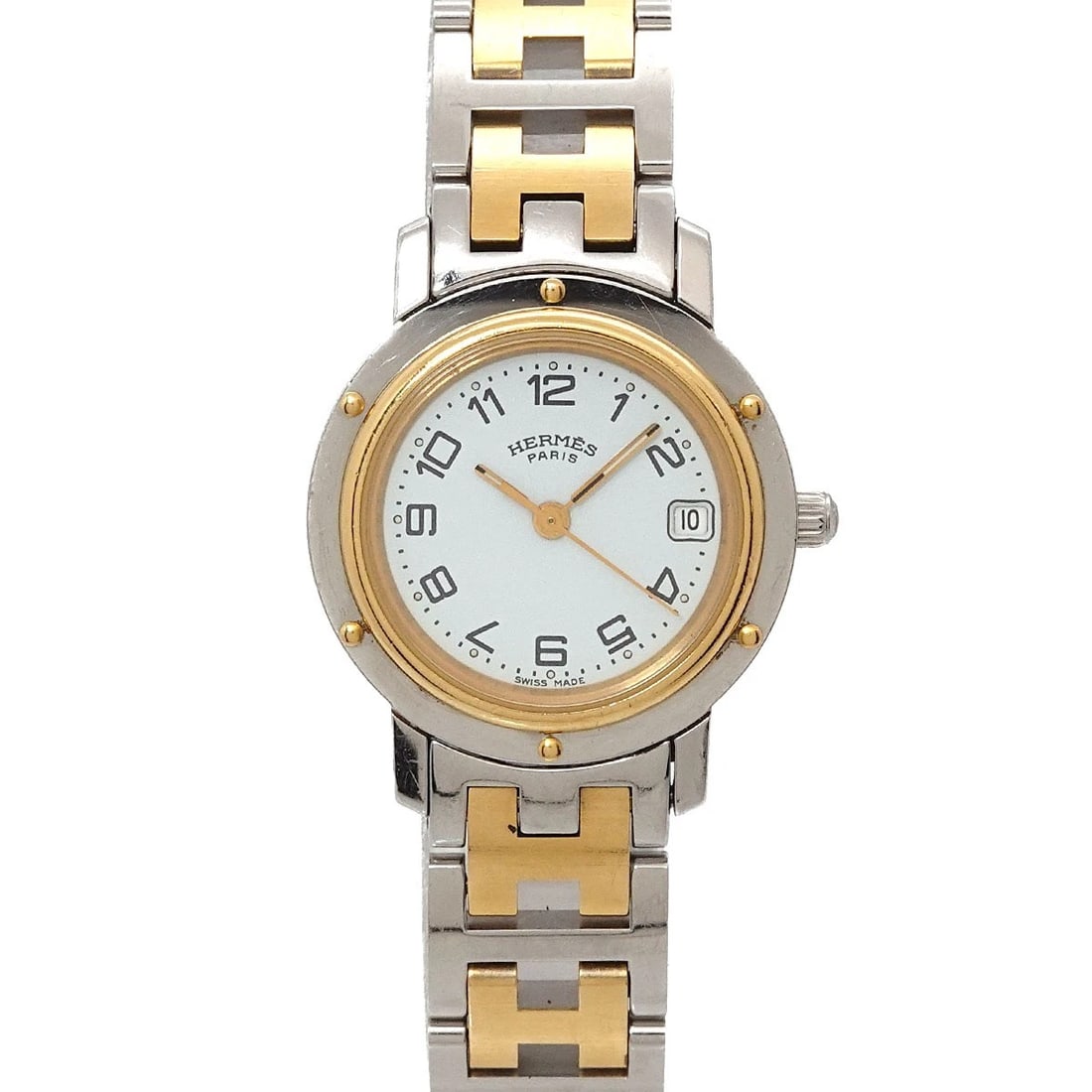 HERMES CLIPPER QUARTZ DATE WHITE DIAL WATCH: HERMES Clipper Quartz Date White Dial Watch Brand: HERMES Type/Style: Wristwatch Material: Stainless steel,GP Color: Dial Color White Size: CaseSize Length 29mm(included lag) CaseSize Width 24mm(not