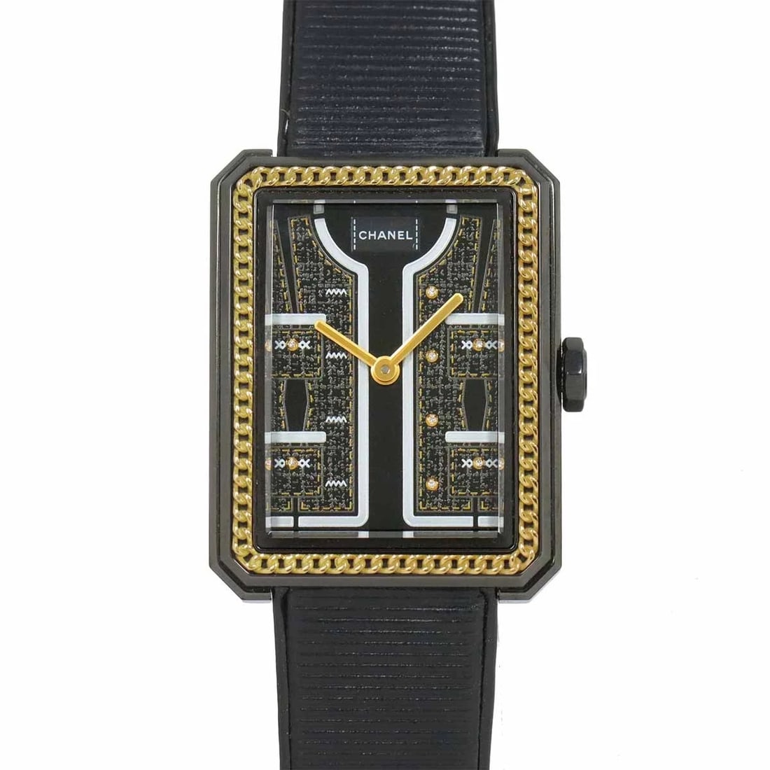 CHANEL BOYFRIEND K18YG DIAMOND QUARTZ BLACK DIAL WATCH: CHANEL Boyfriend K18YG Diamond Quartz Black Dial Watch Brand: CHANEL Type/Style: Wristwatch Material: Stainless steel,Leather,750 Yellow Gold Color: Dial Color Black Size: CaseSize Length 34mm CaseSiz