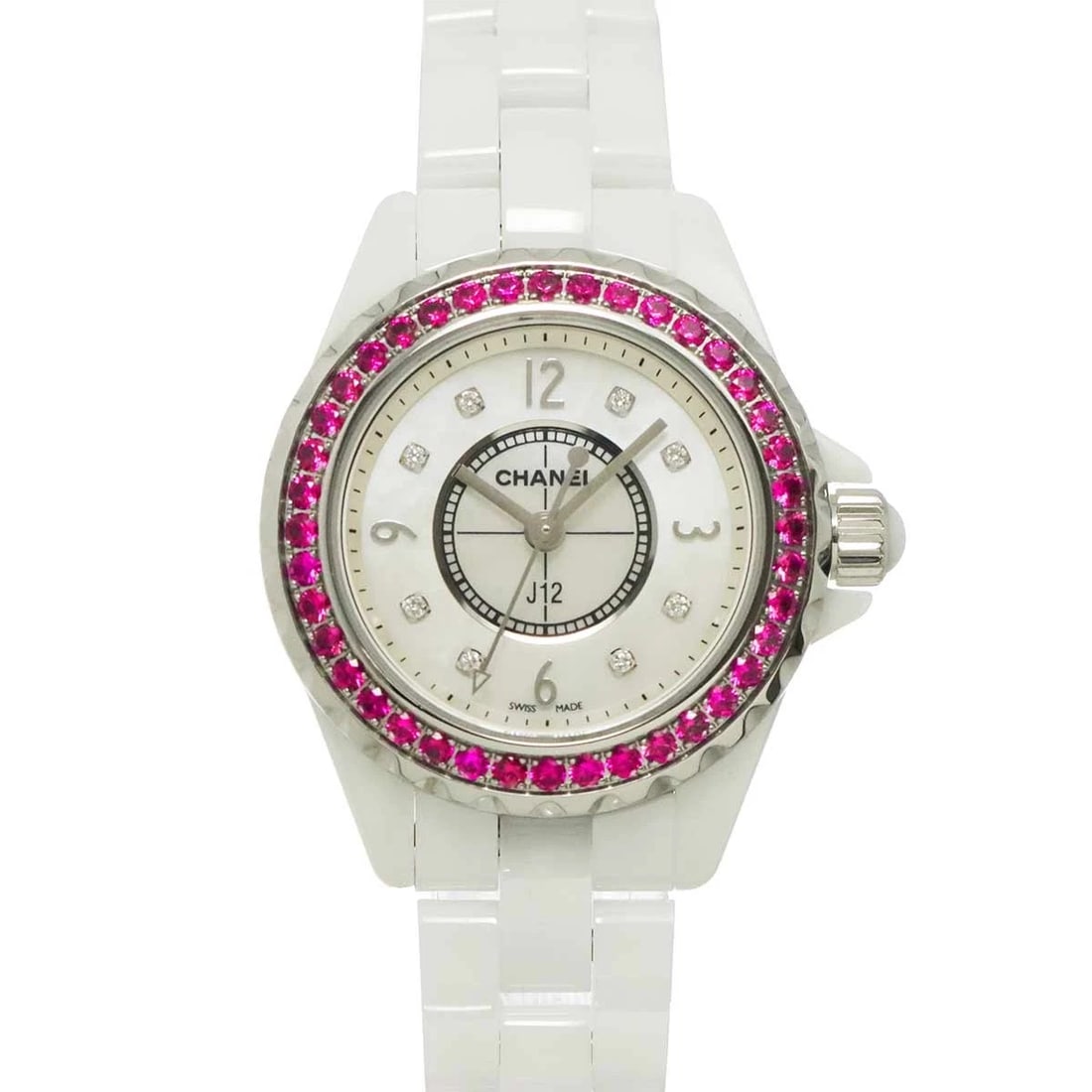 CHANEL J12 PINK SAPPHIRE BEZEL DIAMOND WHITE SHELL DIAL WATCH: CHANEL J12 Pink Sapphire Bezel Diamond White Shell Dial Watch Brand: CHANEL Type/Style: Wristwatch Material: Ceramic,Stainless steel Color: Dial Color White Shell Size: CaseSize Length 35mm(included