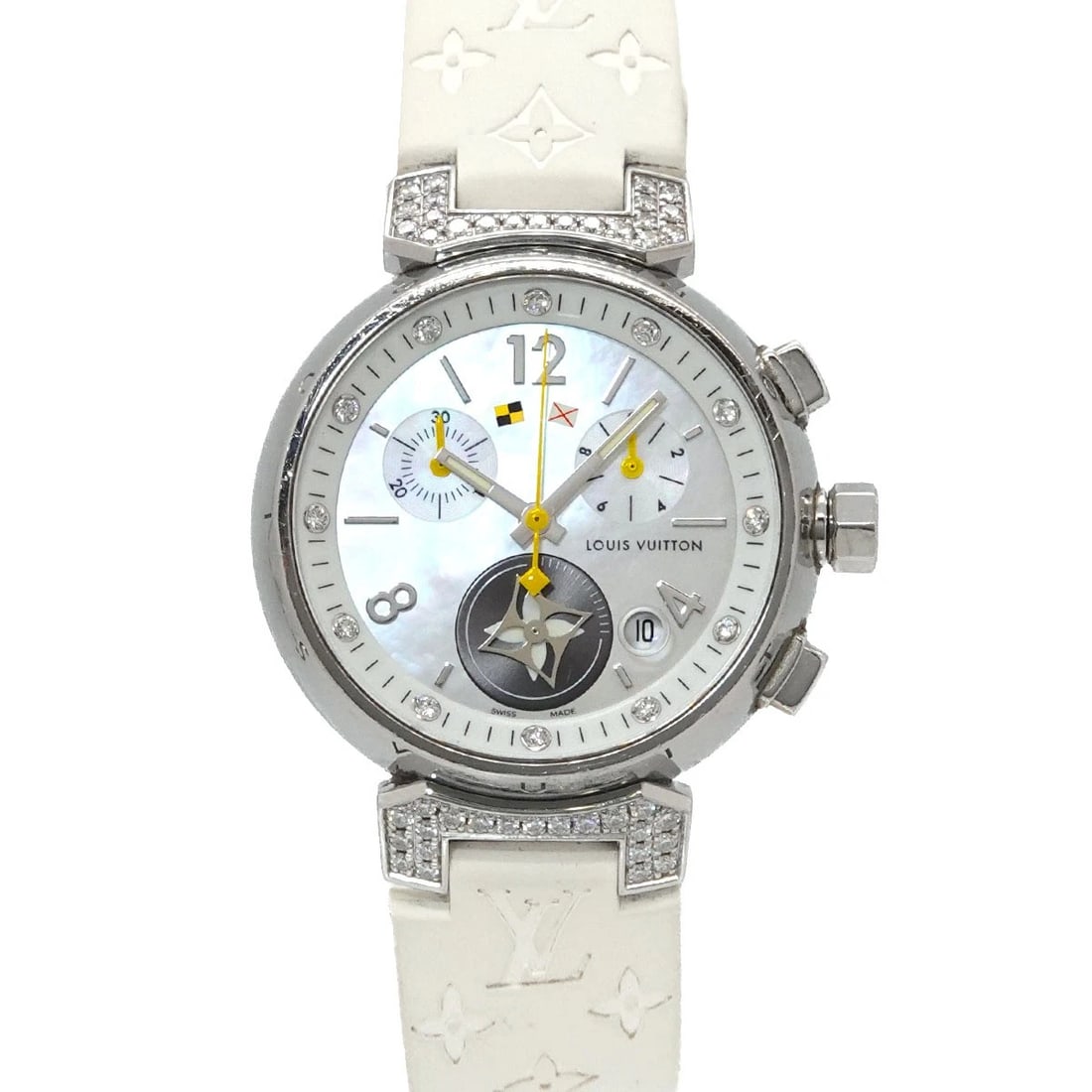 LOUIS VUITTON TAMBOUR LOVELY QUZRTZ WHITE SHELL DIAL WATCH: LOUIS VUITTON Tambour Lovely Quzrtz White Shell Dial Watch Brand: LOUIS VUITTON Type/Style: Wristwatch Material: Stainless steel,Rubber Color: Dial Color White Shell Size: CaseSize Length