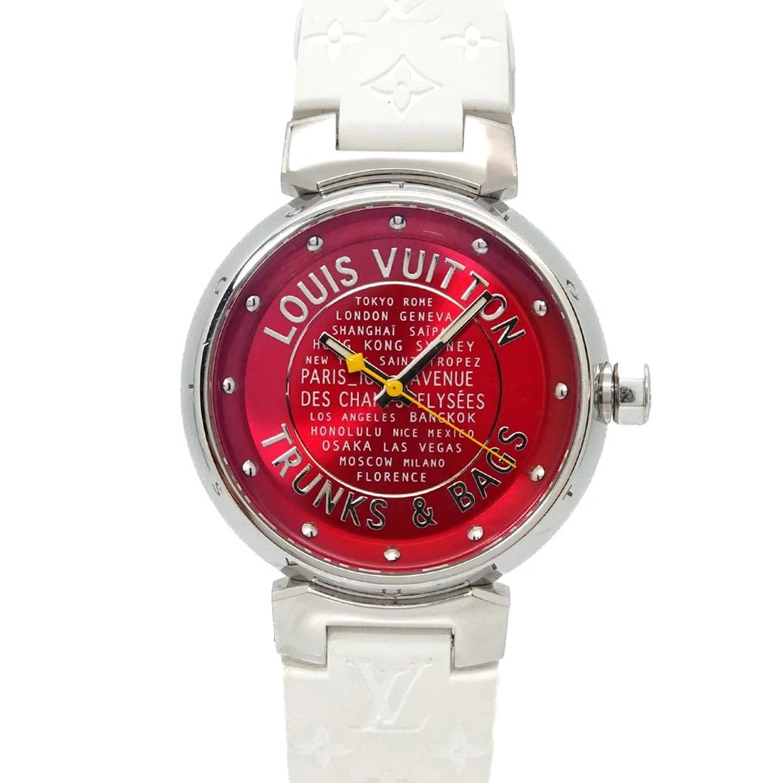 LOUIS VUITTON TAMBOUR TRUNK & BACKS QUZRTZ RED DIAL WATCH: LOUIS VUITTON Tambour Trunk & Backs Quzrtz Red Dial Watch Brand: LOUIS VUITTON Type/Style: Wristwatch Material: Stainless steel,Rubber Color: Dial Color Red Size: CaseSize Length 43mm(included lag)