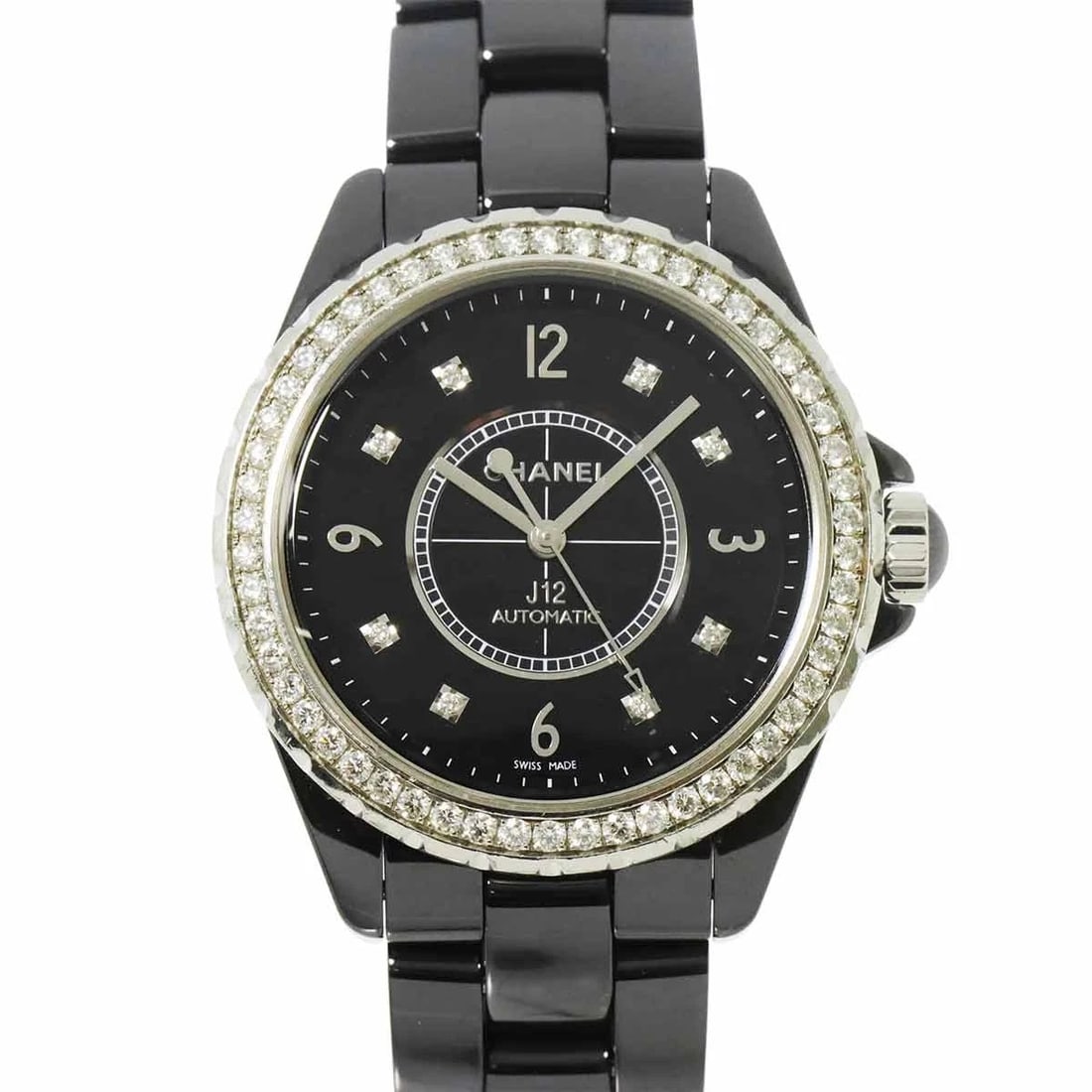 CHANEL J12 BEZEL DIAMOND AUTOMATIC BLACK DIAL WATCH: CHANEL J12 Bezel Diamond Automatic Black Dial Watch Brand: CHANEL Type/Style: Wristwatch Material: Ceramic,Stainless steel Color: Dial Color Black Size: CaseSize Length 45mm(included lag) CaseSize