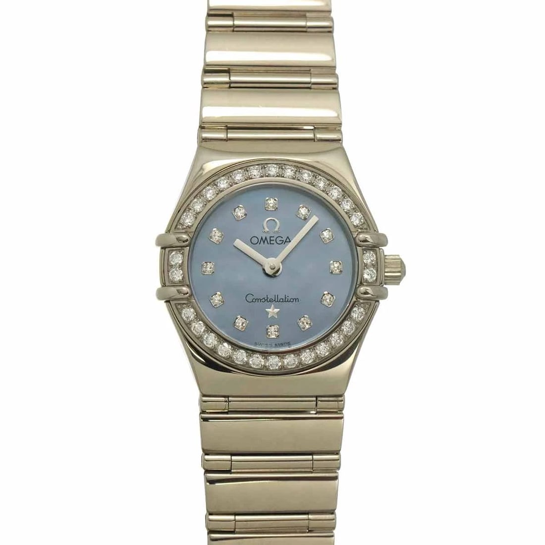 OMEGA CONSTELLATION MY CHOICE WG QUARTZ BEZEL DIAMOND WATCH: OMEGA Constellation My Choice WG Quartz Bezel Diamond Watch Brand: OMEGA Type/Style: Wristwatch Material: 750 White Gold,Diamond Color: Dial Color none Size: CaseSize Length 28mm(included lag)