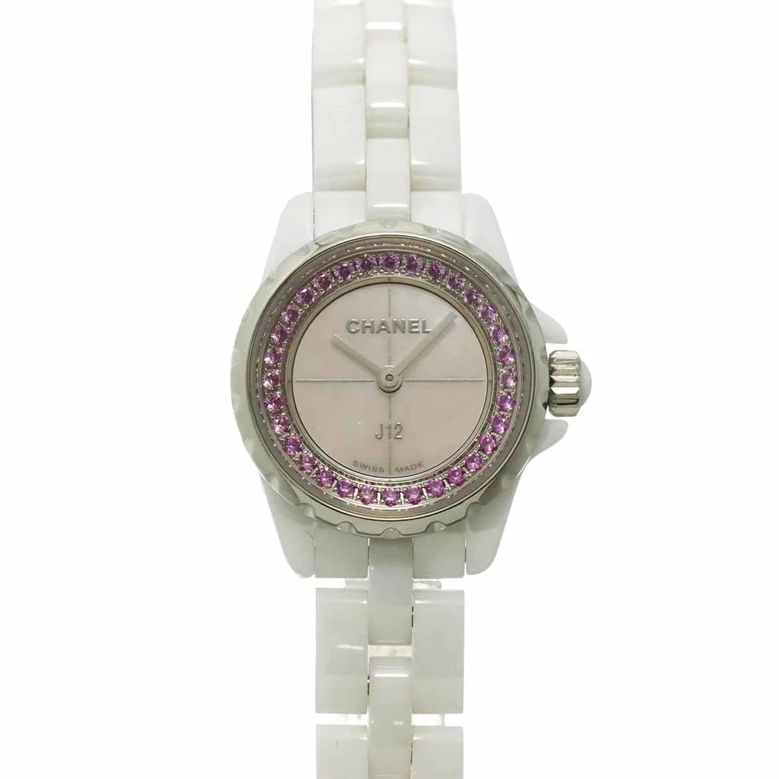 CHANEL J12 PINK SAPPHIRE QUARTZ PINK SHELL DIAL WATCH: CHANEL J12 Pink sapphire Quartz Pink Shell Dial Watch Brand: CHANEL Type/Style: Wristwatch Material: Stainless steel,Ceramic Color: Dial Color Pink Shell Size: CaseSize Length 24mm(included lag)