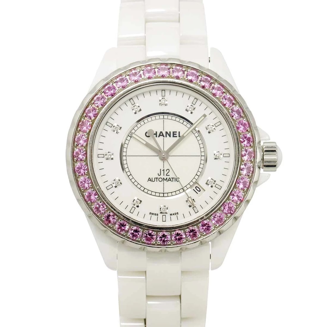 CHANEL J12 AUTOMATIC DATE DIAMOND PINK SAPPHIRE WATCH: CHANEL J12 Automatic Date Diamond Pink Sapphire Watch Brand: CHANEL Type/Style: Wristwatch Material: Stainless steel,Ceramic Color: Dial Color none Size: CaseSize Length 48mm(included lag) CaseSize