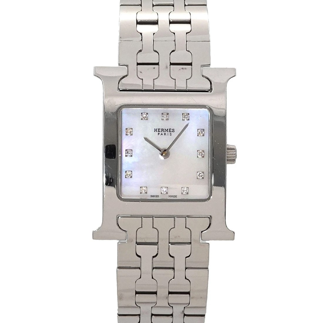 HERMES H WATCH WHITE SHELL DIAL DIAMOND QUARTZ WATCH: HERMES H Watch White Shell Dial Diamond Quartz Watch Brand: HERMES Type/Style: Wristwatch Material: Stainless steel Color: Dial Color White Shell Size: CaseSize Length 30mm(included lag) CaseSize Widt