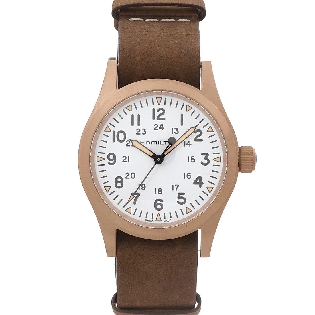 HAMILTON KHAKI HAND WINDING WHITE DIAL WATCH: HAMILTON Khaki Hand Winding White Dial Watch Brand: HAMILTON Type/Style: Wristwatch Material: bronze,Titanium,Leather Color: Dial Color White Size: CaseSize Length 47mm(included lag) CaseSize Width