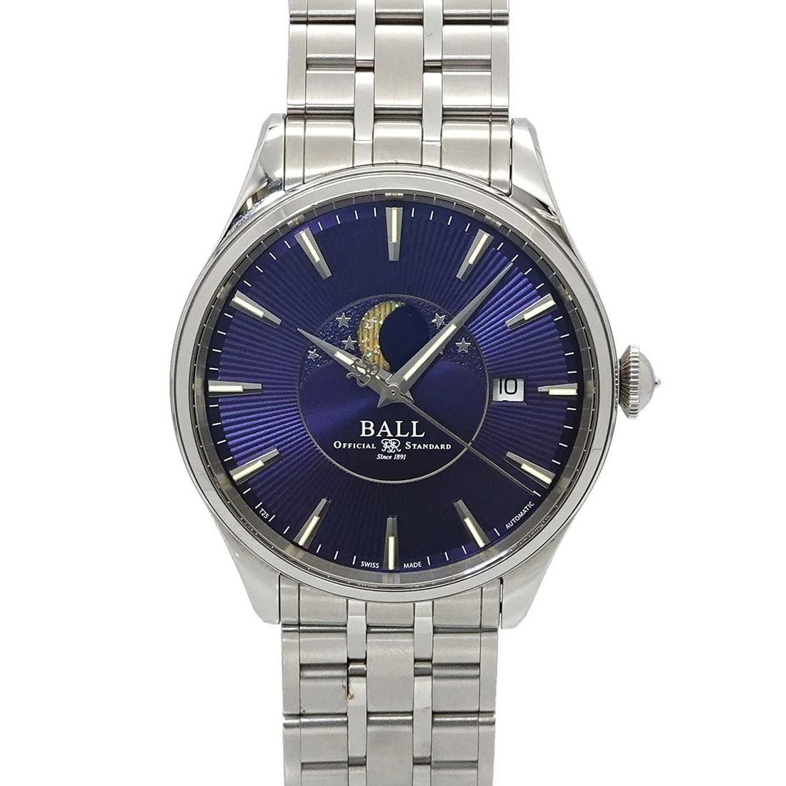 BALL TRAIN MASTER MOON PHASE DATE AUTOMATIC BLUE DIAL WATCH