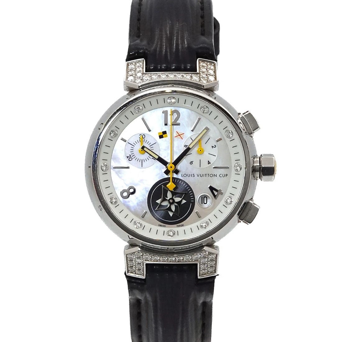 LOUIS VUITTON TAMBOUR LOVELY CUP QUZRTZ WHITE SHELL DIAL WATCH: LOUIS VUITTON Tambour Lovely Cup Quzrtz White Shell Dial Watch Brand: LOUIS VUITTON Type/Style: Wristwatch Material: Stainless steel,Epi leather Color: Dial Color White Shell Size: CaseSize Length 43m
